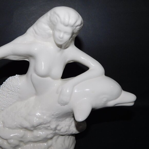 White Glazed Ceramic Mermaid Riding Dolphin Figurine Statue Home Decor - Picture 4 of 11